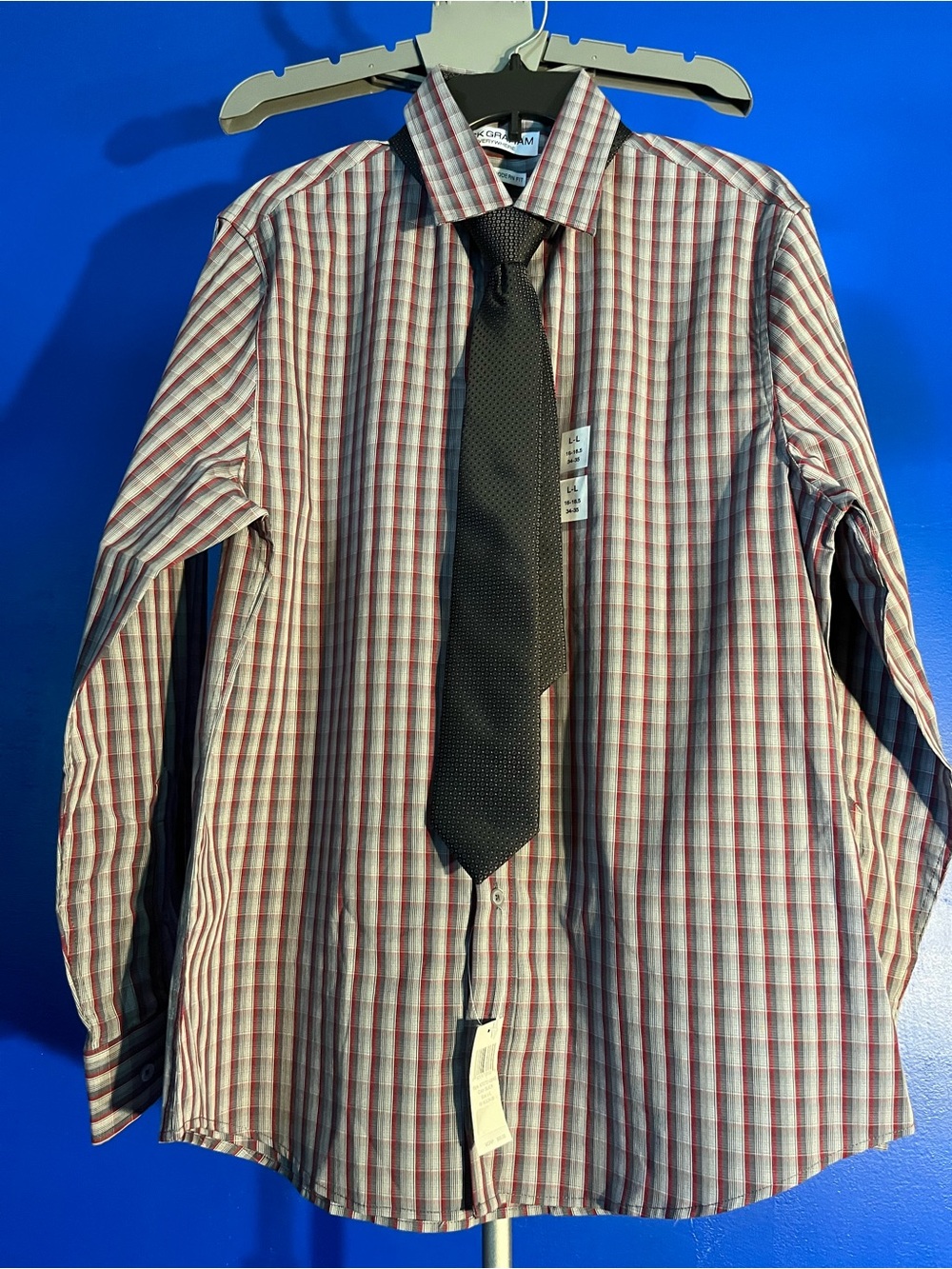 Nick Graham Long-Sleeve Plaid Dress Shirt with Black Tie - Red/White/Gray L